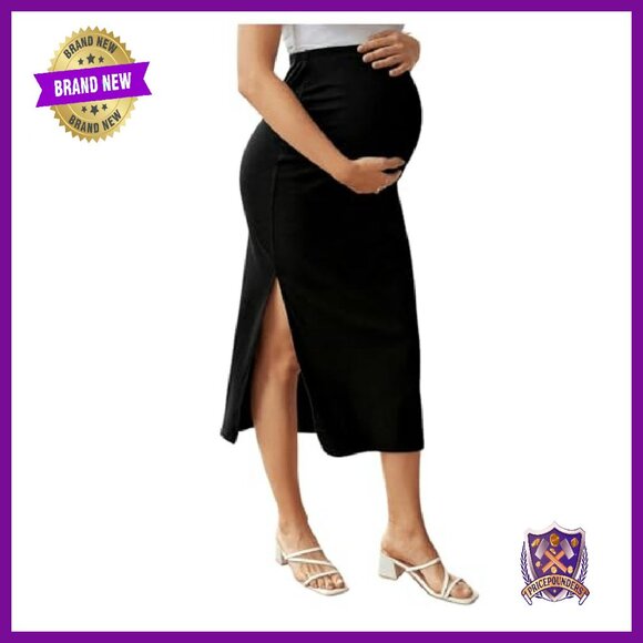 Maternity Skinny Skirt High Waist Elastic Split Midi - Picture 2 of 6